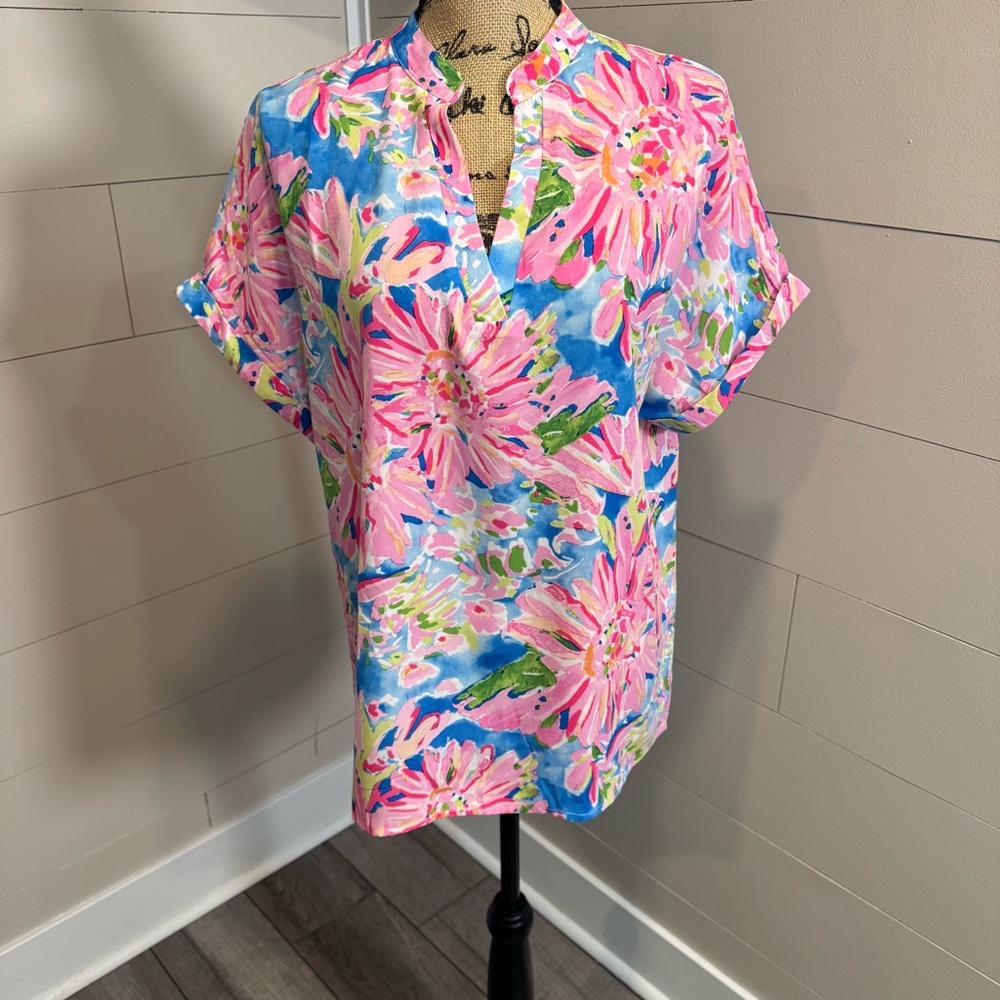 Bright Colorful Floral Print Short Sleeve Tunic Top - Large